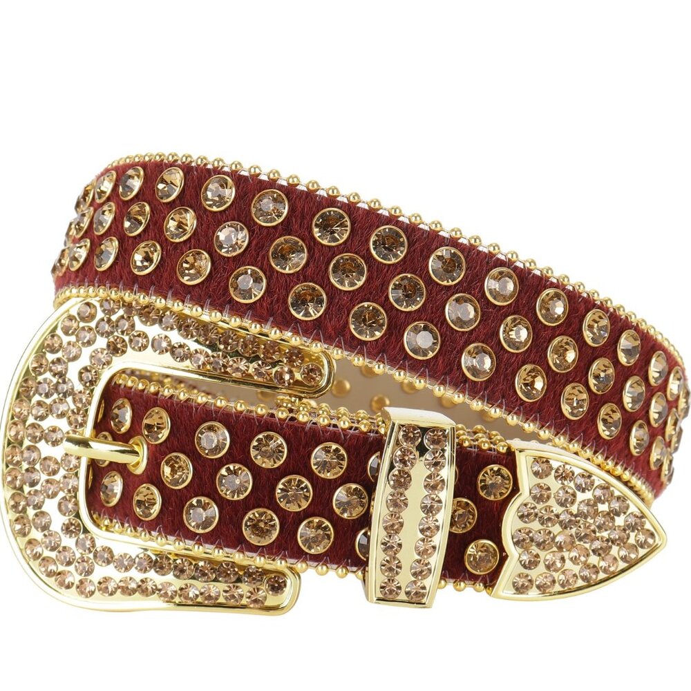 Rhinestone Belt-SUN045-Burgundy Horse Hair Belt with Champagne Rhinestones